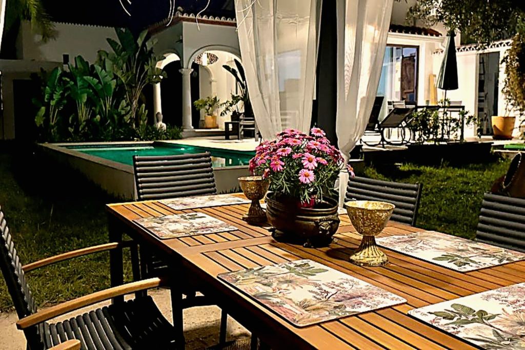 Outdoor dining table in the evening