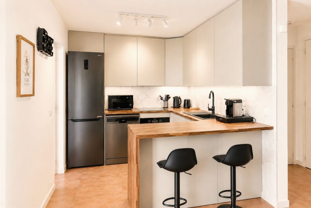 Equipped kitchen with breakfast bar