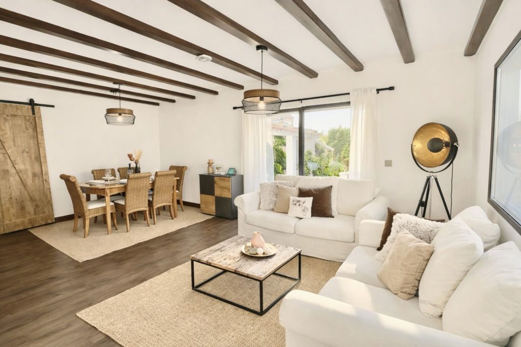 Bright living room with fireplace