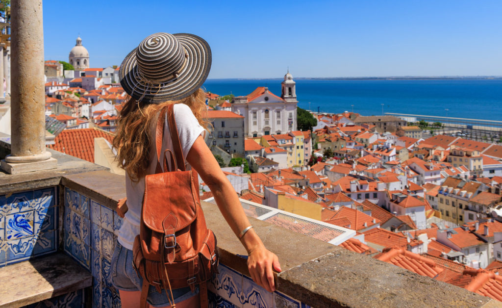 View over the rooftops of Alfama and the Tagus from the Santa Luzia viewpoint, Lisbon