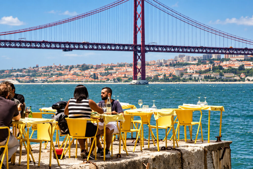 Yellow tables at the water's edge at Ponto Final, with the 25 de Abril bridge behind