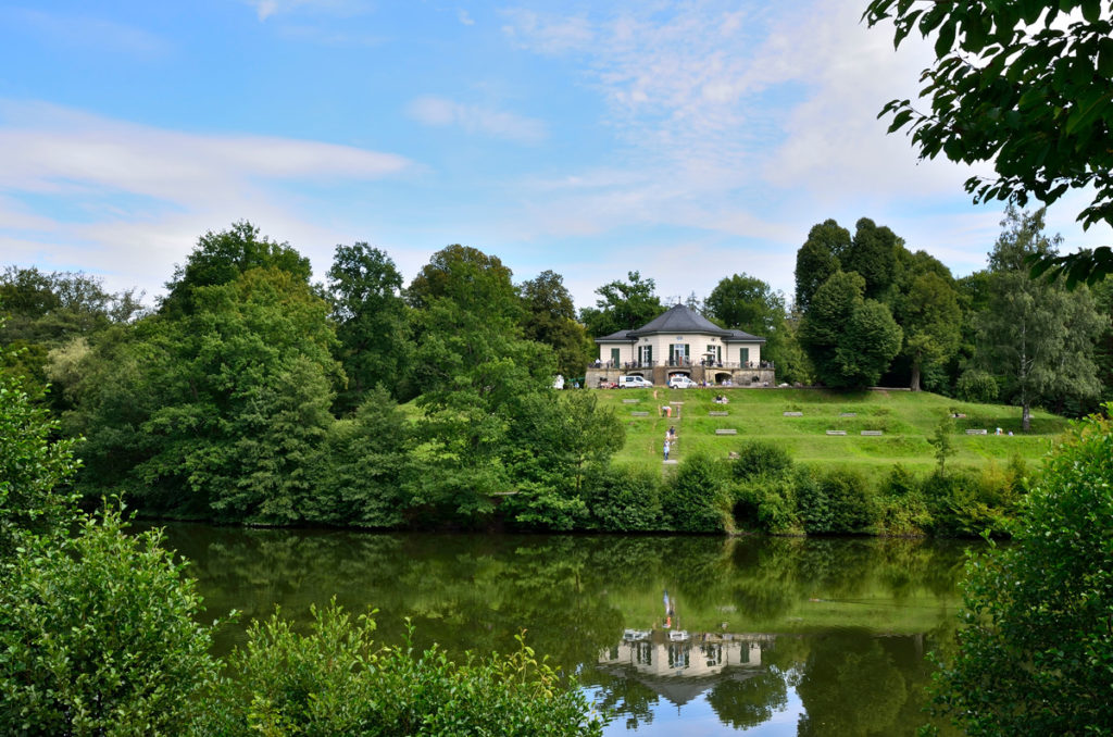 The Bärenschlössle hunting lodge above the Bärensee in the Glemswald