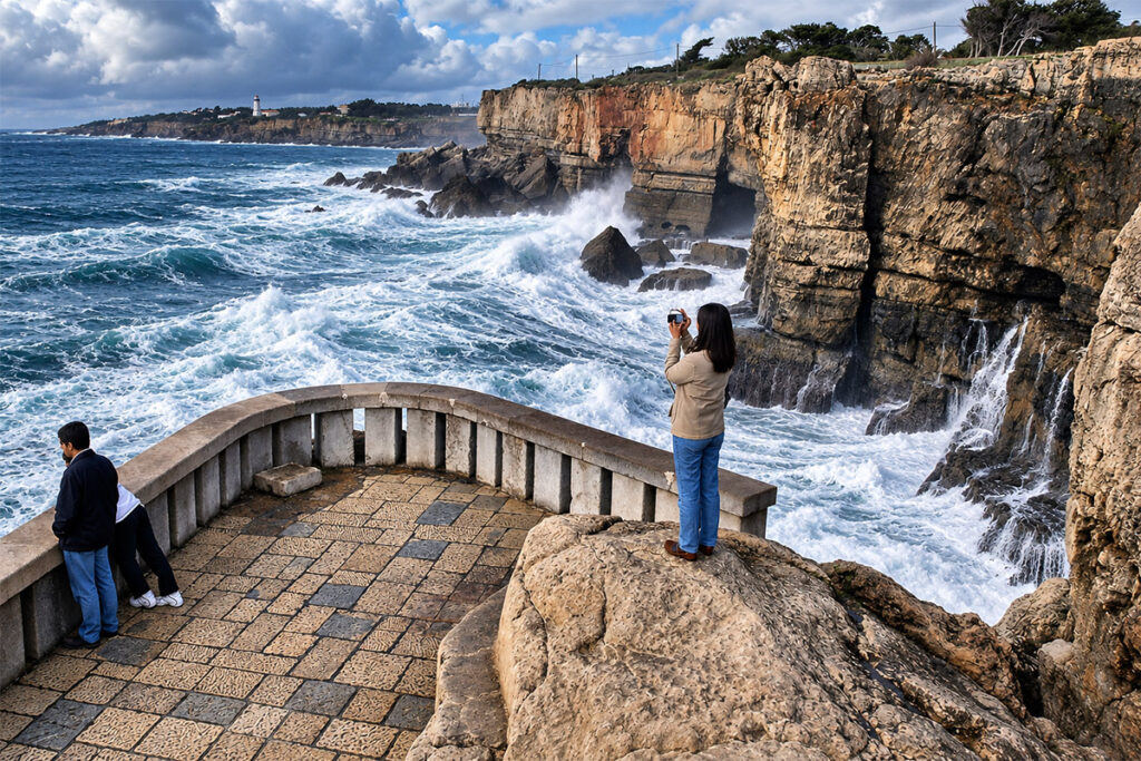 Wellen brechen in die Felsspalte der Boca do Inferno bei Cascais
