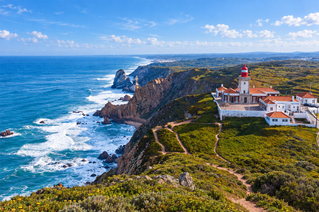 Aerial view of the lighthouse and cliffs at Cabo da Roca, the westernmost point of mainland Europe