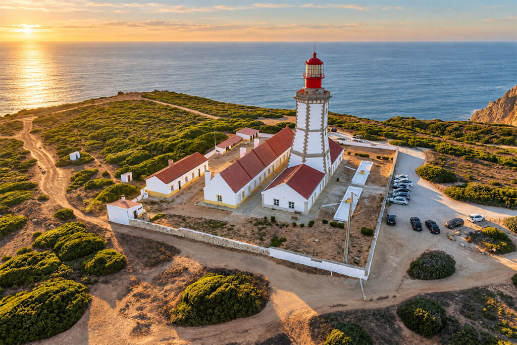 The lighthouse at Cabo Espichel at sunset, on the windswept plateau