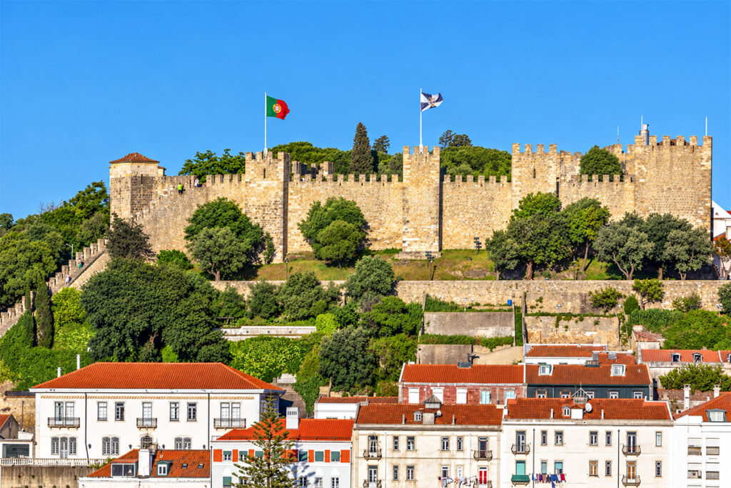 The castle walls and towers of the Castelo de São Jorge seen from Alfama below