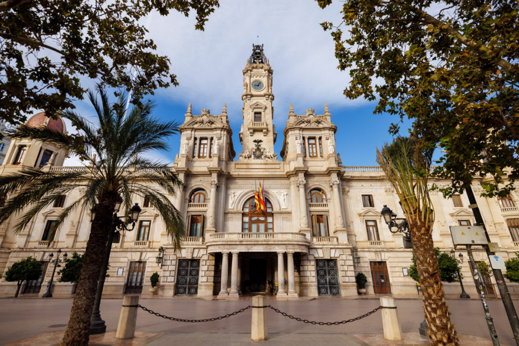 The Valencia town hall and its clock tower on the Plaza del Ayuntamiento