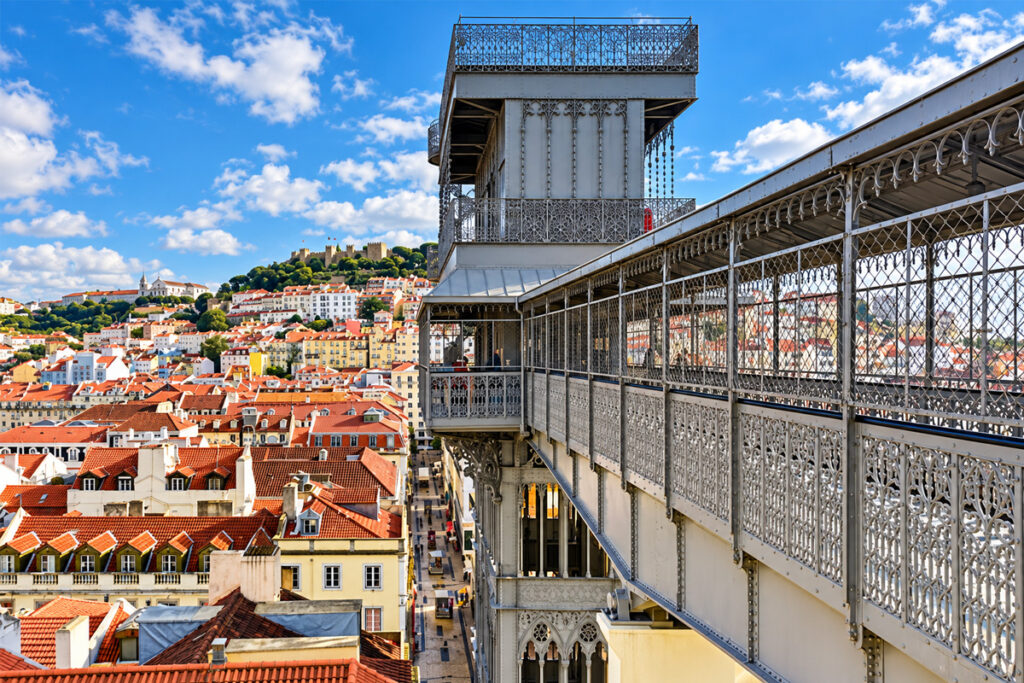 The top of the Elevador de Santa Justa, with the Castelo de São Jorge on the hill behind