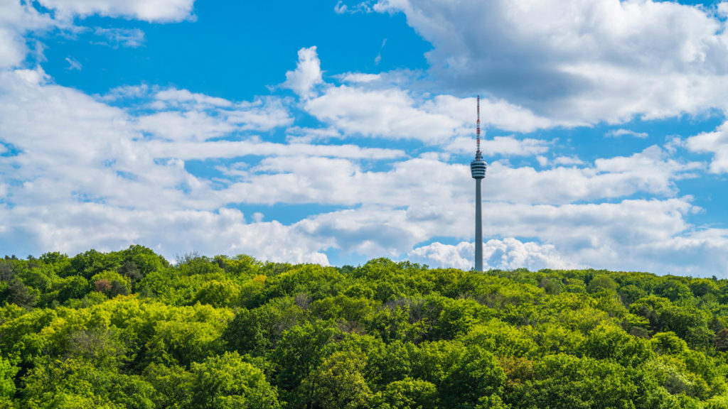The Stuttgart Fernsehturm rising above the wooded hill in Degerloch
