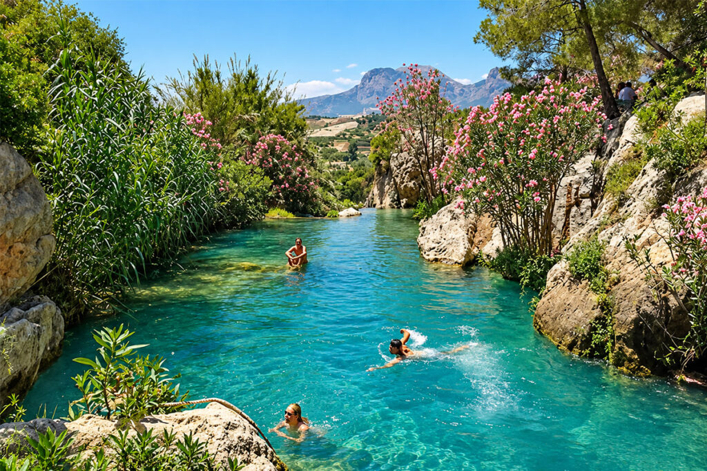 Swimmers in the clear green pools of the Fuentes del Algar