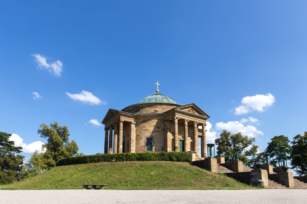 The classical portico and green copper dome of the Grabkapelle auf dem Württemberg