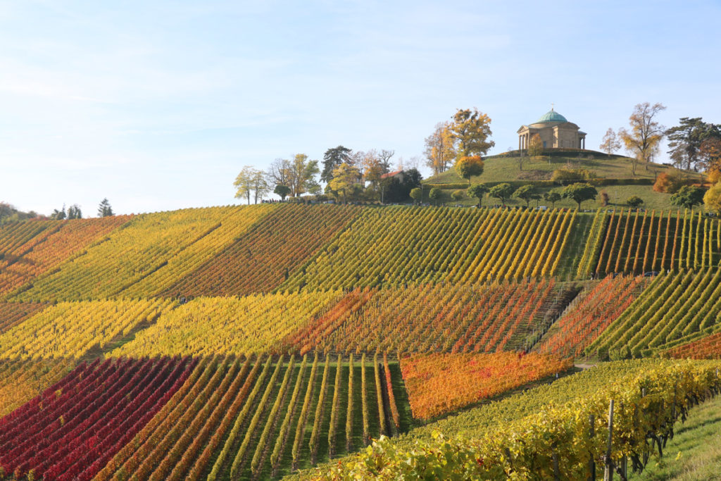 The Grabkapelle on its hilltop above the autumn vineyards of the Württemberg