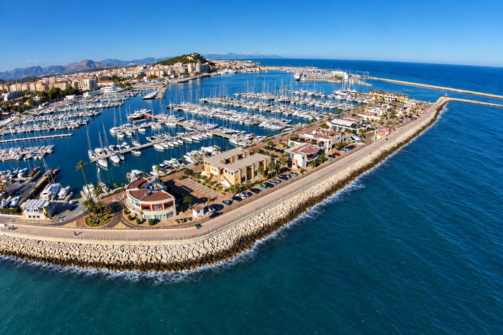 Aerial view of the Marina de Dénia and the castle hill beyond