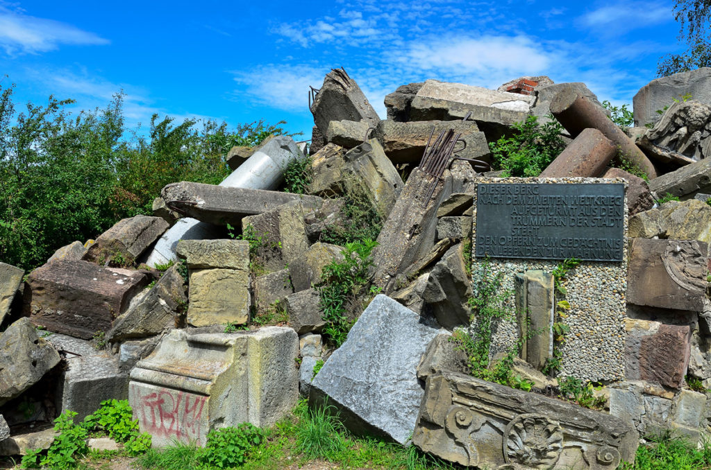 War rubble piled on the Birkenkopf, with the memorial plaque