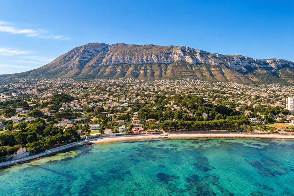 The Montgó massif rising above Dénia, seen from the coast