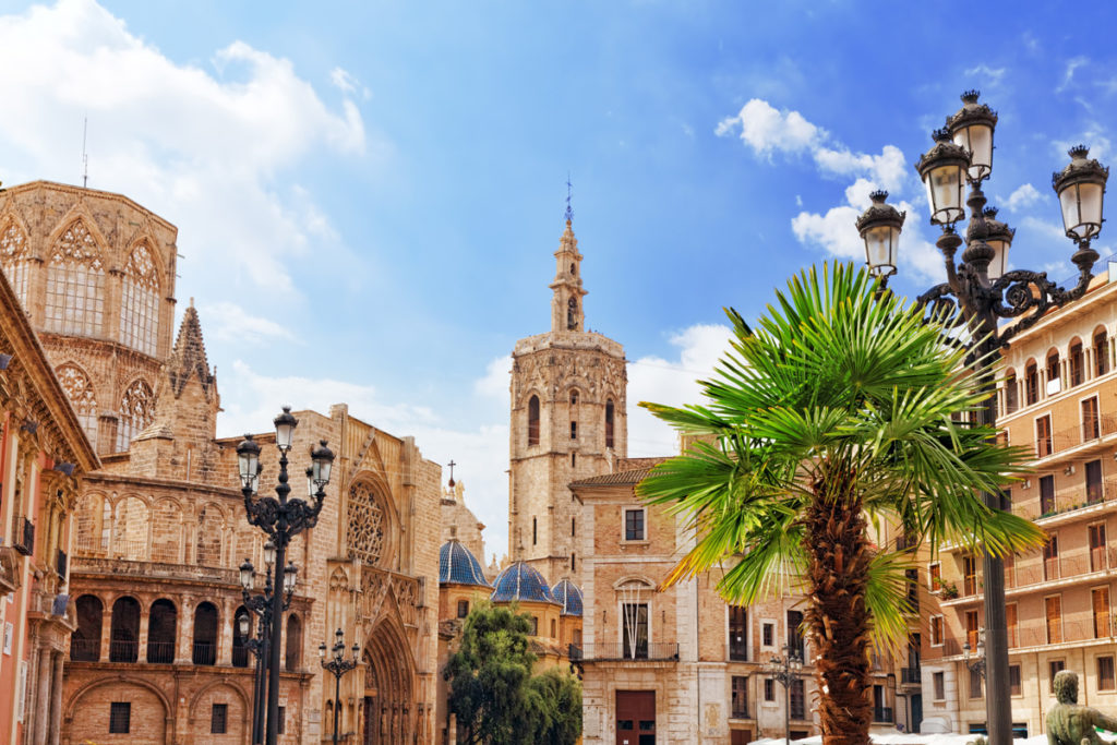 Valencia cathedral and the octagonal Micalet bell tower from the Plaça de la Reina