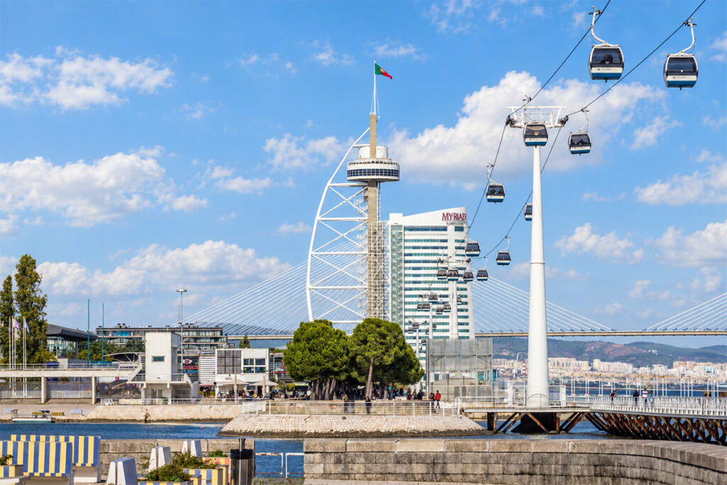 The Vasco da Gama Tower and cable car over the Parque das Nações waterfront