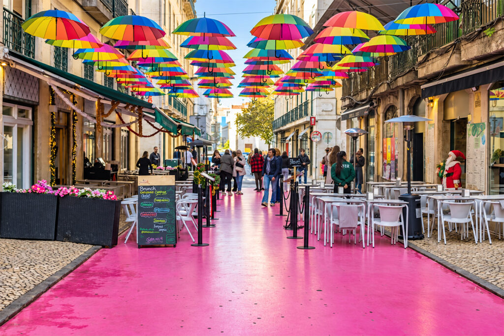 Rainbow umbrellas strung over the Rua Nova do Carvalho, Lisbon's Pink Street