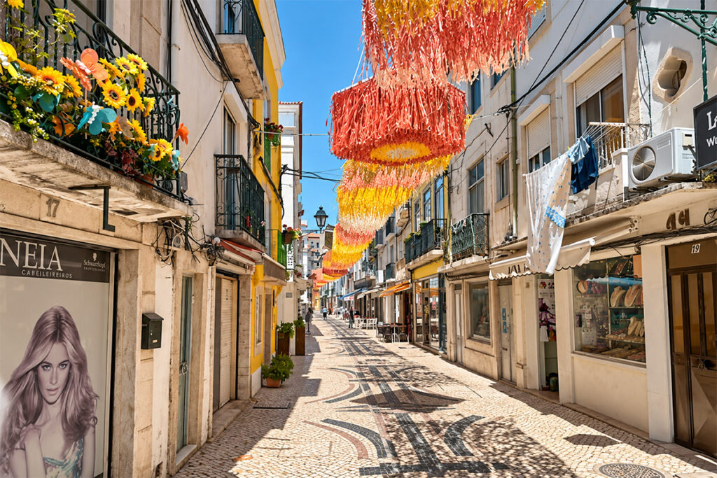 A decorated shopping street in the centre of Sesimbra