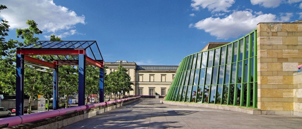 The green glazing and coloured canopy of James Stirling's Neue Staatsgalerie, Stuttgart